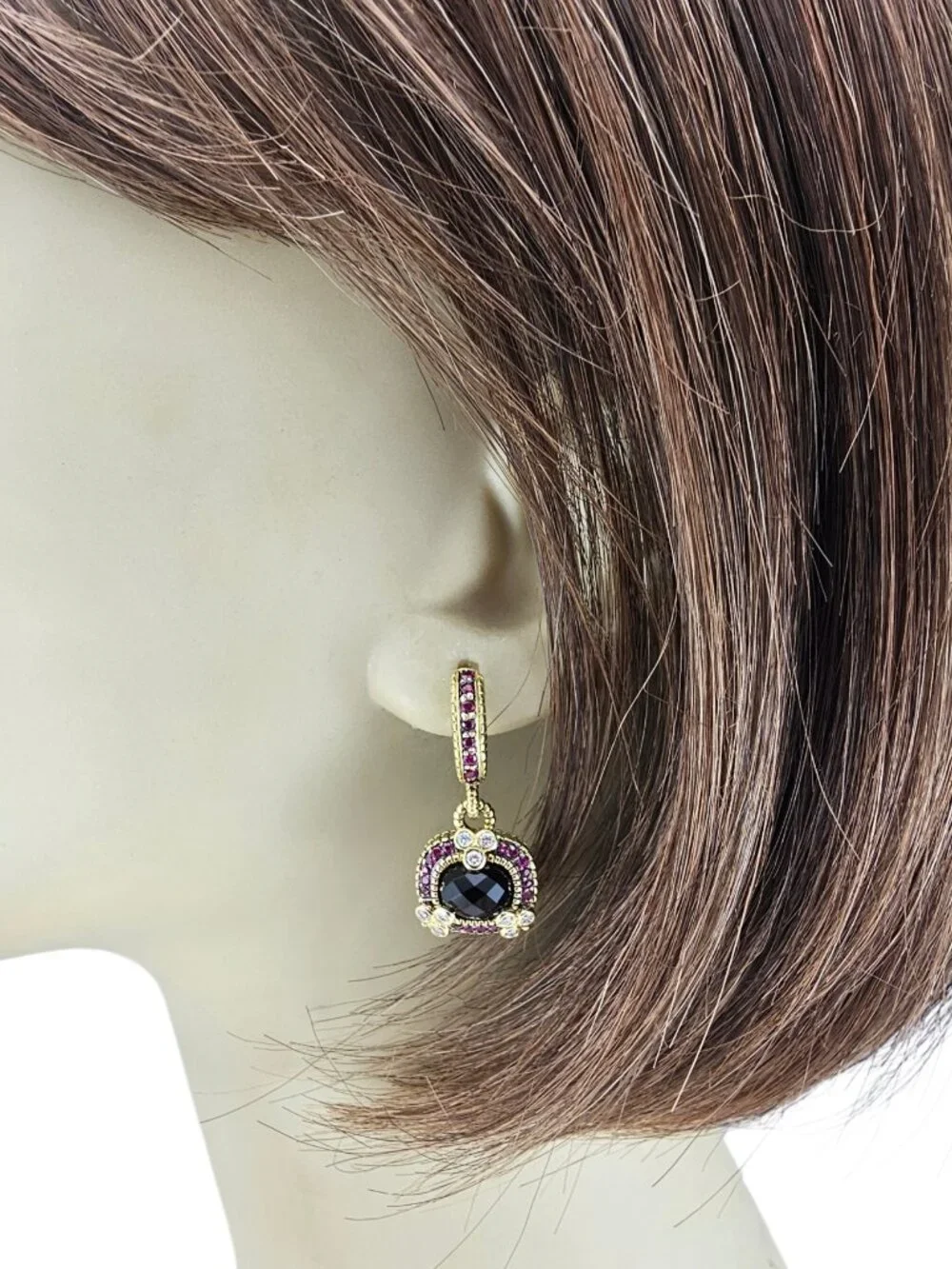 Judith Ripka 18K Gold Black and Red Stones Diamond Dangle Earrings #25487